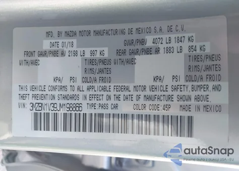 2018 Mazda Mazda3 Touring из США, поврежденный, VIN 3MZBN1V39JM198866